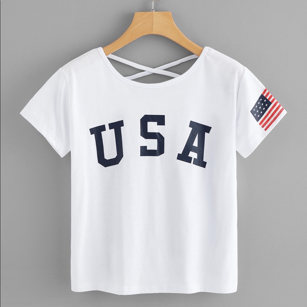 American Flag Print Criss Cross Back Tee